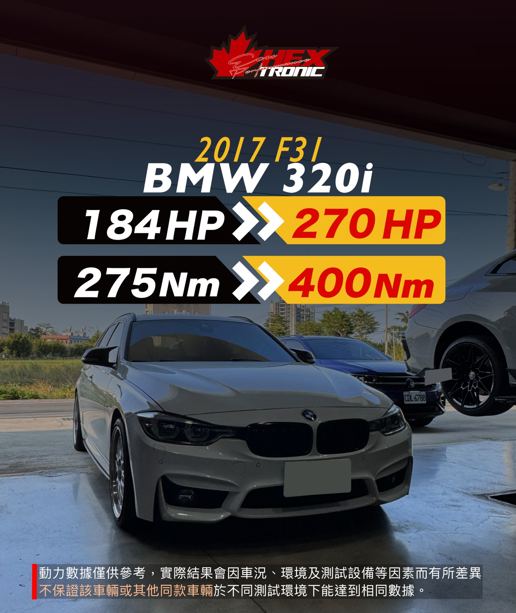BMW 320i (F31) 調校前後馬力曲線圖