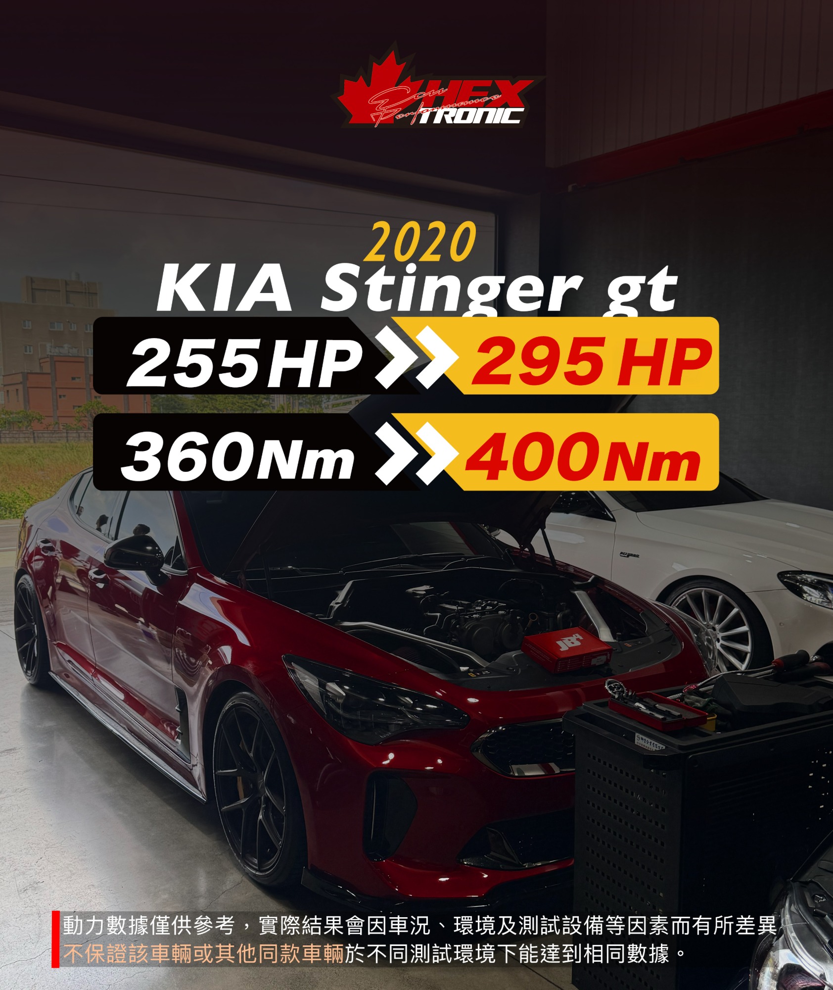 KIA Stinger gt line 調校前後馬力曲線圖