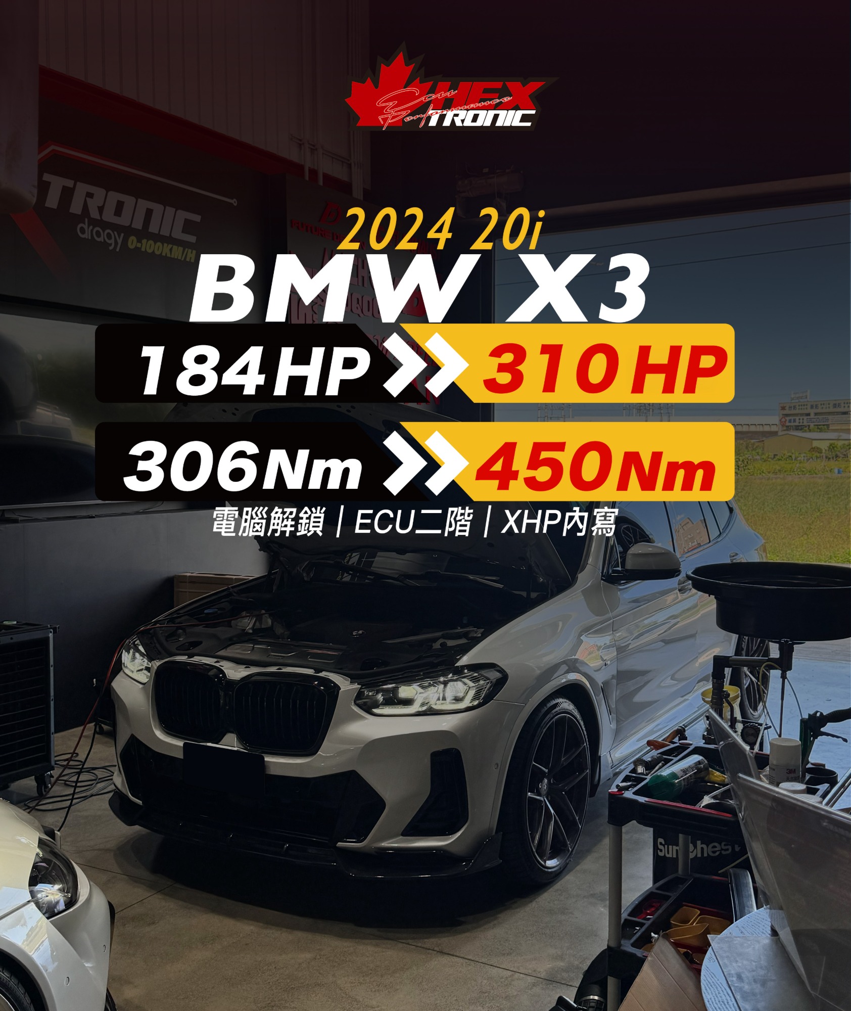 BMW X3 20i 調校前後馬力曲線圖