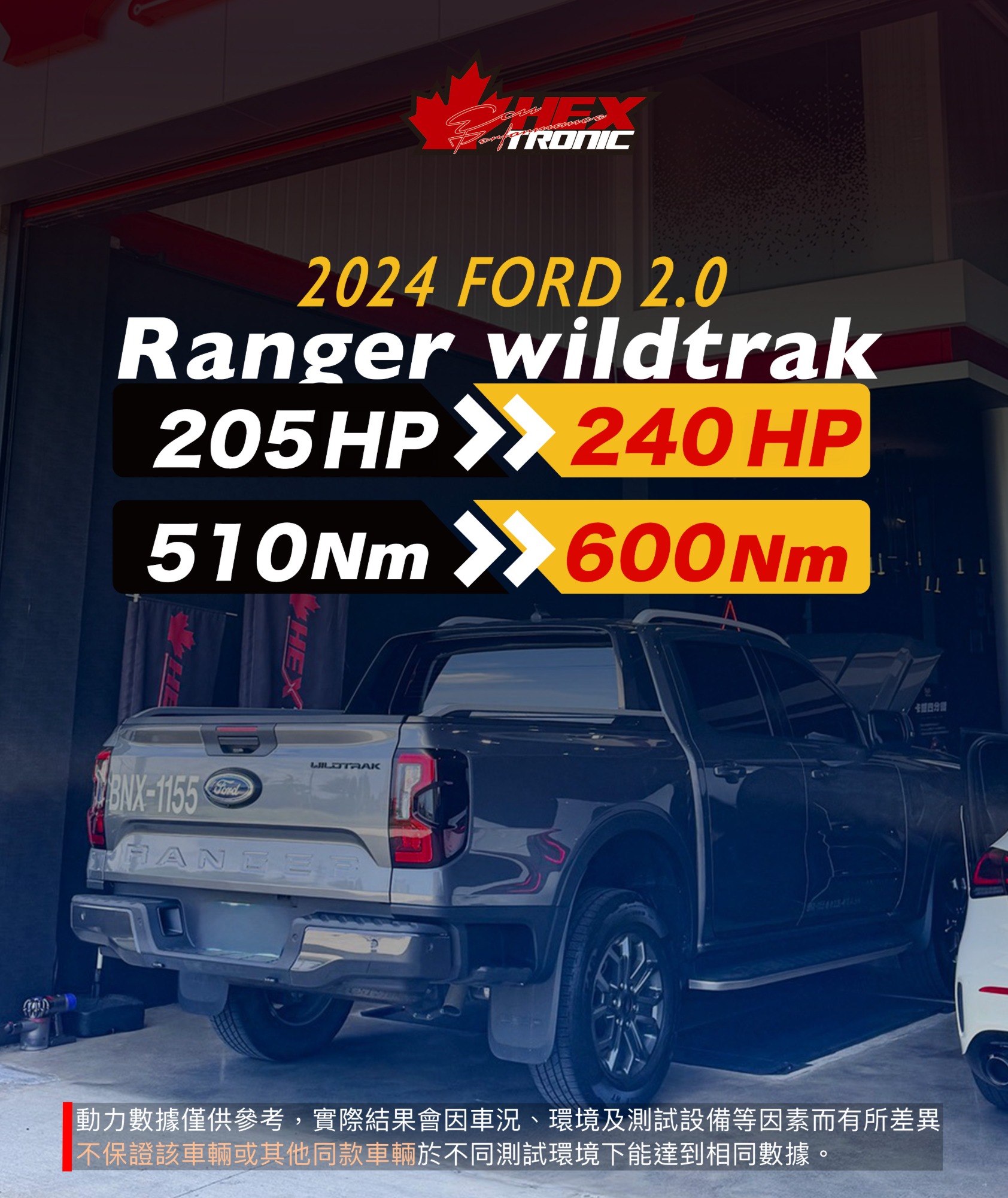 FORD Ranger wildtrak 2.0 調校前後馬力曲線圖